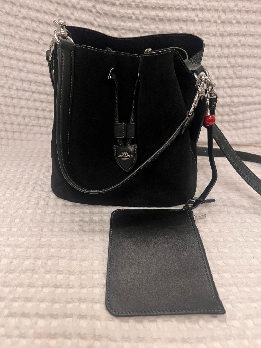 Coach Rowan Bucket Bag CCZ89 Black Suede & Leather Cherry Charm + Coin Pouch